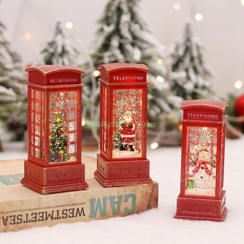 24TE Christmas Red Phone Booth Lantern Vintage Led Light Ornament Decor for Home Festival Birthday Party Background Decor