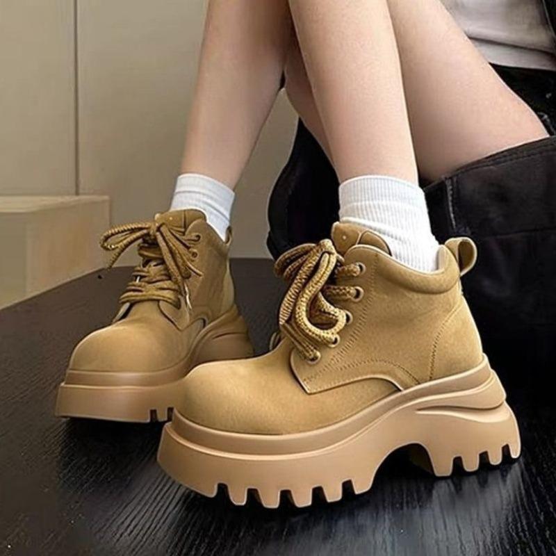 Coarse Heel Martin Boots Women's Autumn New Thick-soled Heightening Versatile Big Yellow Boots Retro Lace-up Short Boots