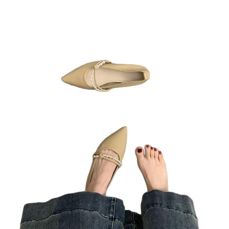 Thick heel pointed Mary Jane shoes women's spring and autumn 2025 new French pearl chain shallow mouth with skirt single shoes women