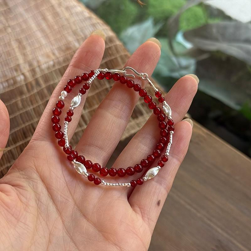 Sterling Red Agate Cat Eye Bead Bracelet Women Minimalist Fashion Stackable Wristband