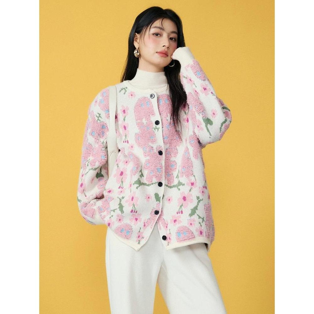 Sweaters Flower Coat Pink Cardigan Autumn Women Print O-Neck Bat Sweaters Knitting Loose Sweater Green