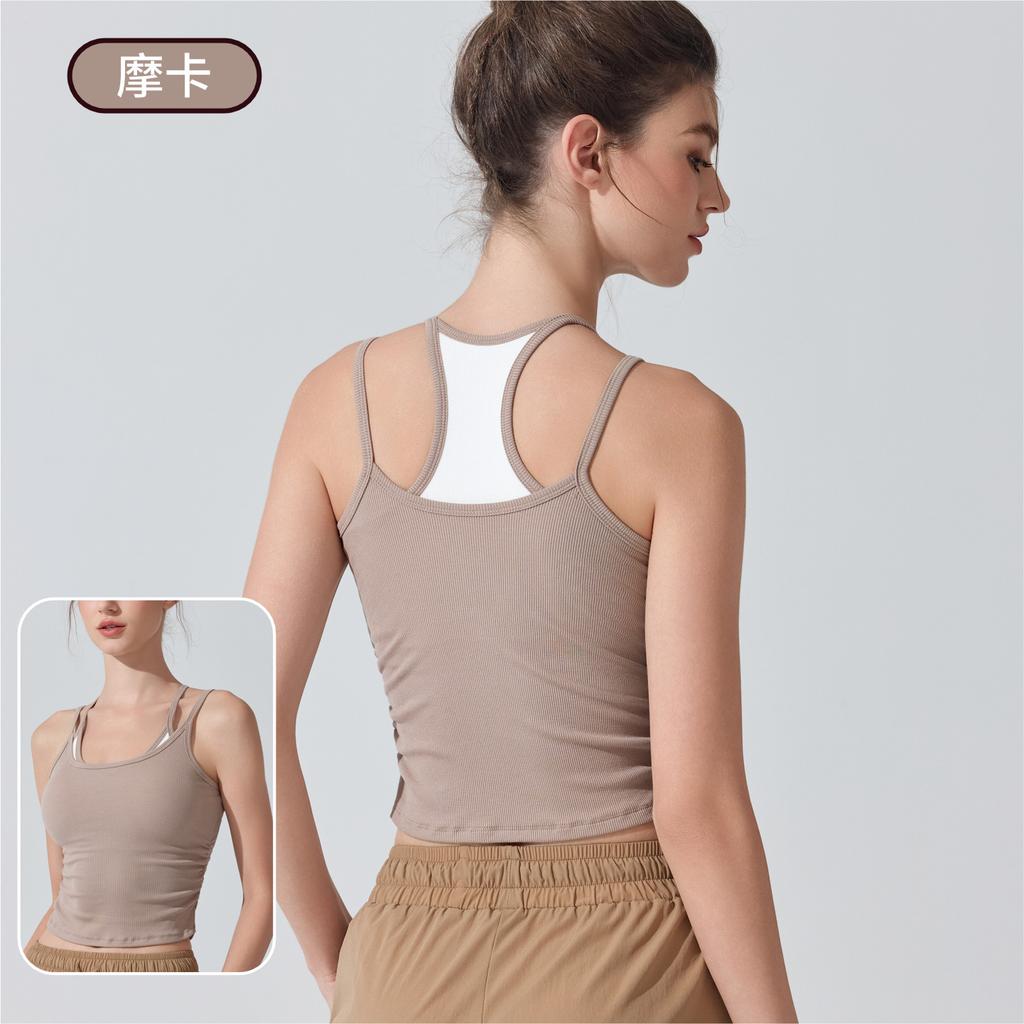 Fake two-piece suspender with chest pad, rib with cup, I-shaped outer wear, sports underwear, fitness nude yoga vest