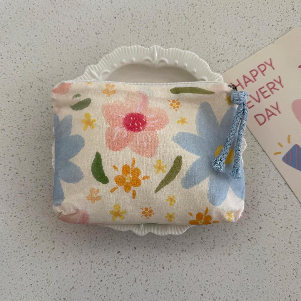 Adorable Blue Cartoon Makeup Bag: Mini Pure Cotton Coin and Earphone Pouch, Lipstick Carrier, Portable Storage.