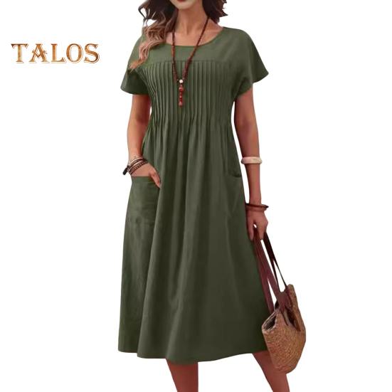 Women's Casual Dress Round Neck Short Sleeve Maxi Dress with Pocket Loose Fit Summer Dress for Office Daily Beach Party