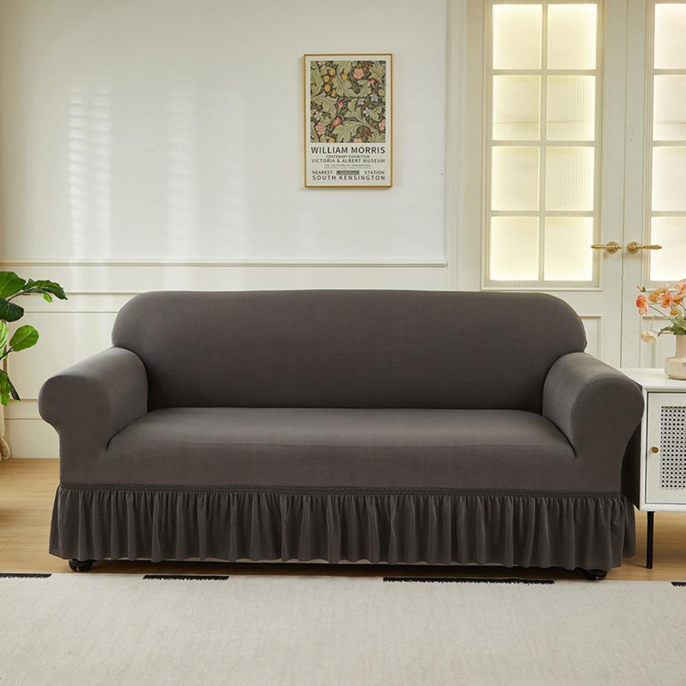 Elastic Solid Color Sofa Cover Full Protection Slip Resistant Minimalist Skirted Design