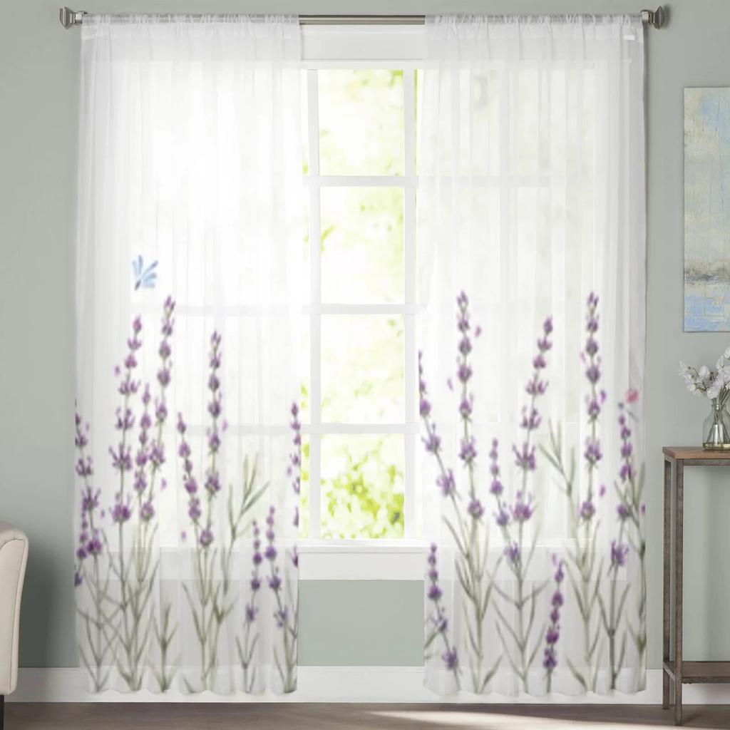 Watercolor Gentle Lavander Flowers Tulle Window Curtain For Living Room Bedroom Voile Sheer Curtains Kitchen Treatments Drapes