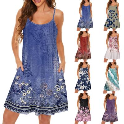 Women's Slim Fitting Dress Fashion Print Round Neck Pocket Sling Strap Dress