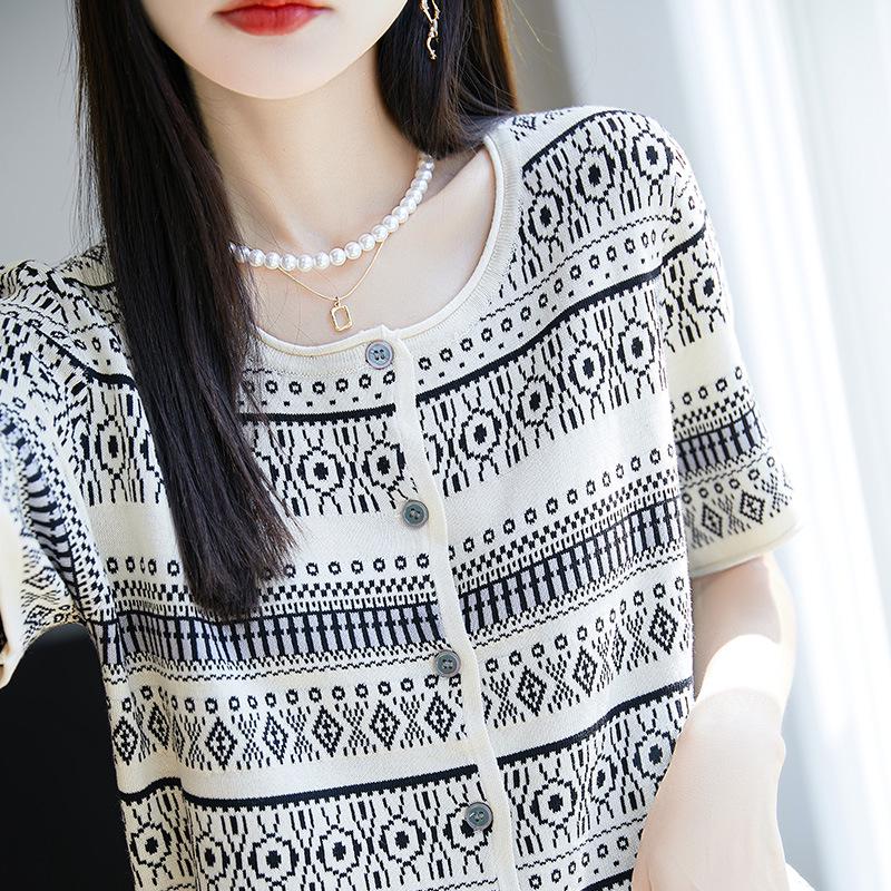 Women's Bamboo Linen Fair Isle Stripe Knit Round Neck Short Sleeve Loose Top