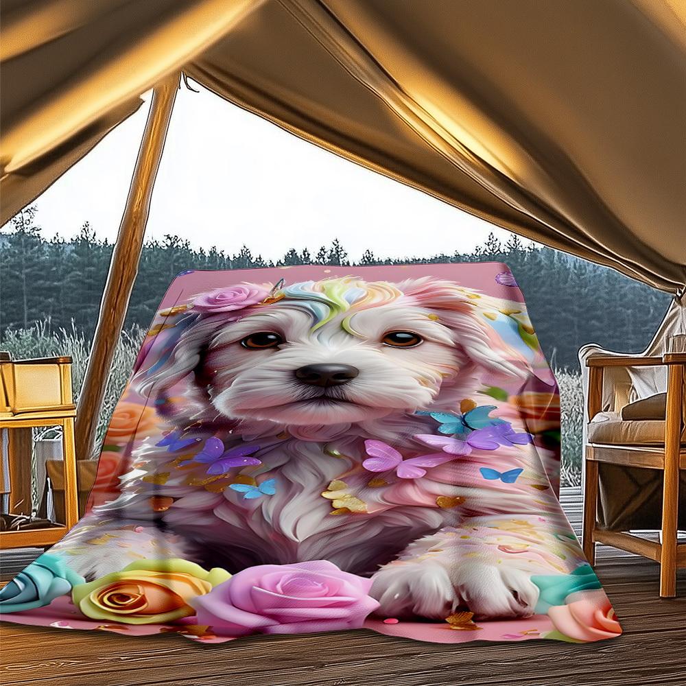 1pc Floral Dog Throw Blanket Polyester Fiber, Lightweight Flannel, Soft & Warm, All Season Use for Outdoor, Camping