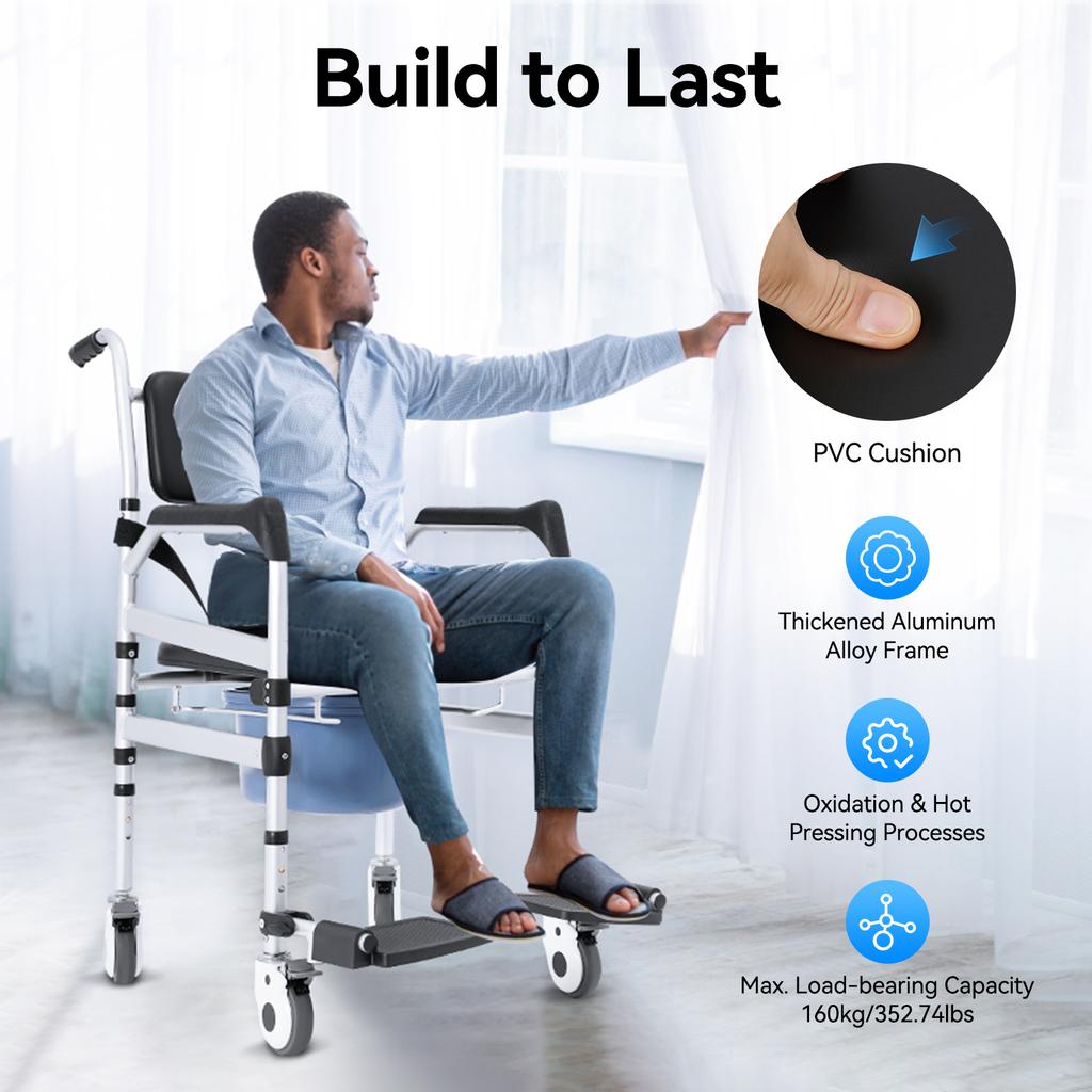 Adjustable Shower Chair for Elderly, Foldable Toilet Commode with Wheels, Heavy Duty Bath Bench with Safety Belt
