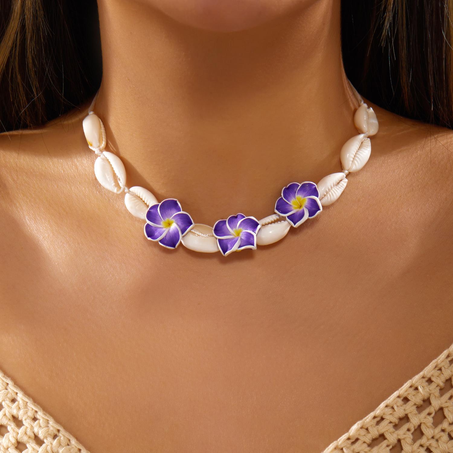 

Bohemian Big Flower Sea Shell Charm Necklace For Women Pink Blue Green Flower Soft Clay Pottery Choker Beach Party Zircon Gift