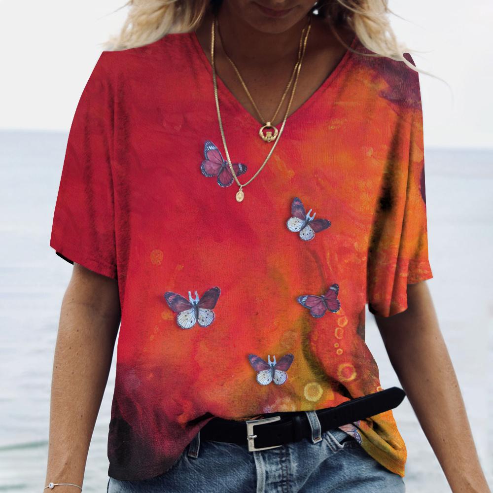 

Винтажные футболки с 3D-принтом бабочки, женская футболка, летние футболки с V-образным вырезом, топы, повседневная женская свободная рубашка в стиле харадзюку 5xl