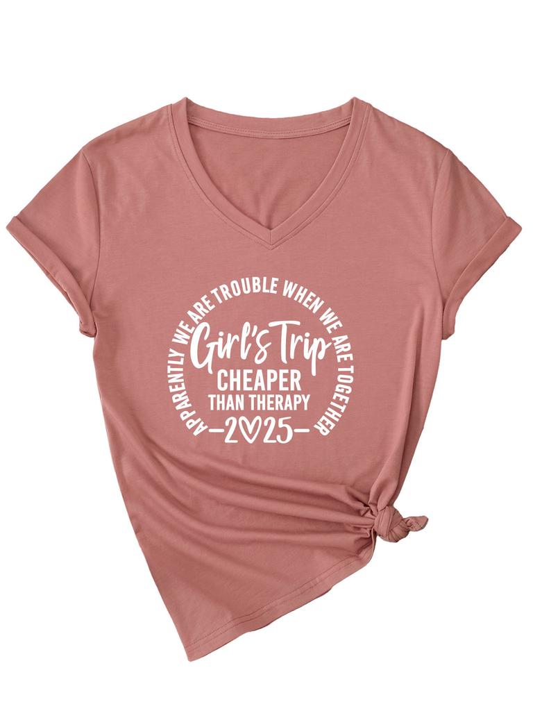 Inspirational Text Printed Top Loose Casual Simple V-neck Short Sleeved Women's T-shirts