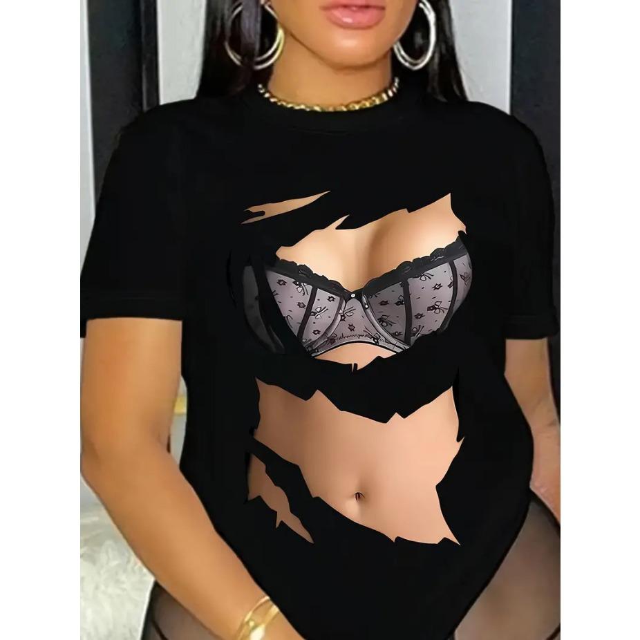 Summer Round Neck 3D Sexy Print Top Fashionable Casual Short Sleeved Women's T-shirts
