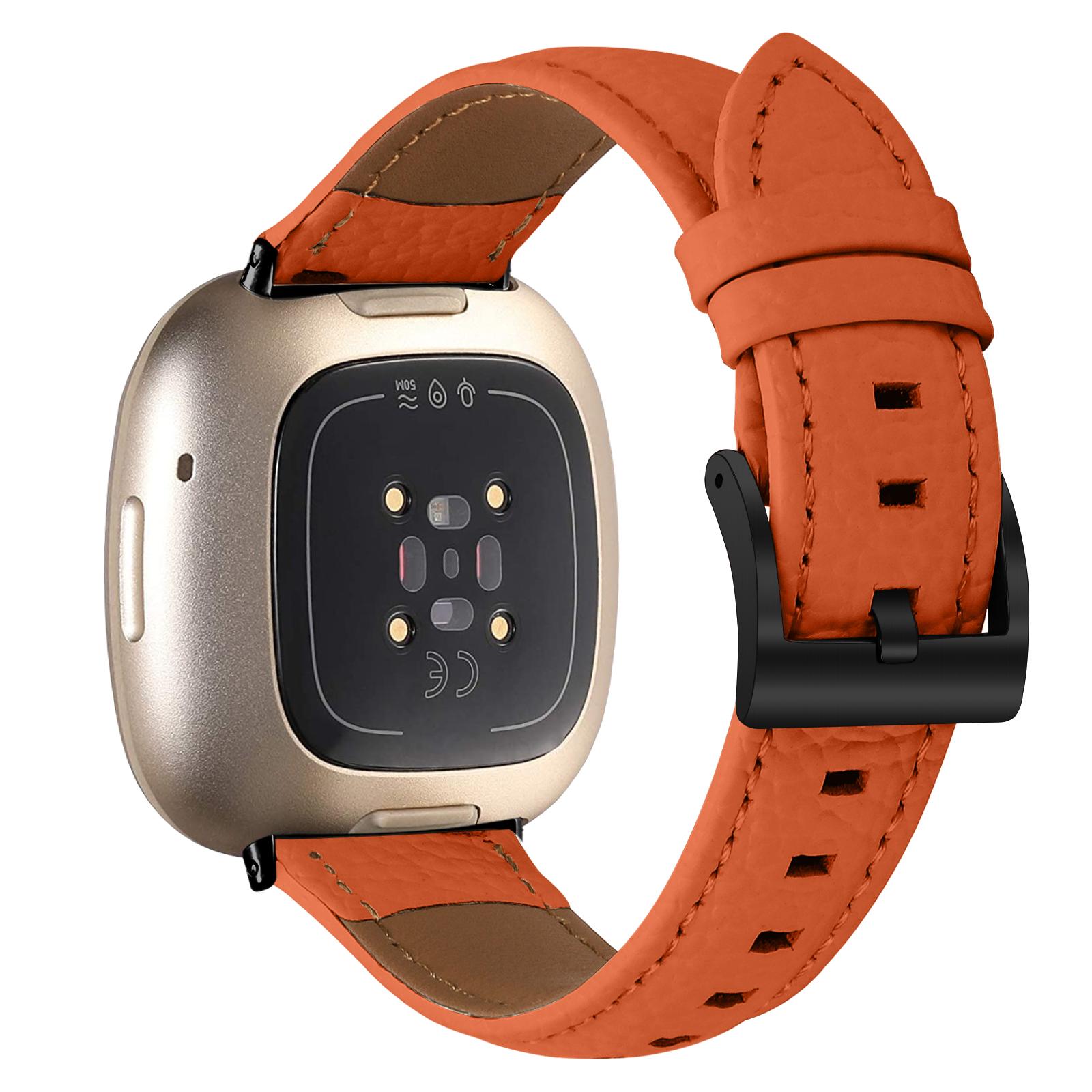 Litchi Textured Genuine Cow Leather Strap with Electroplated Buckle for Fitbit Versa 4 / Sense 2 Pointed-End Watch Band
