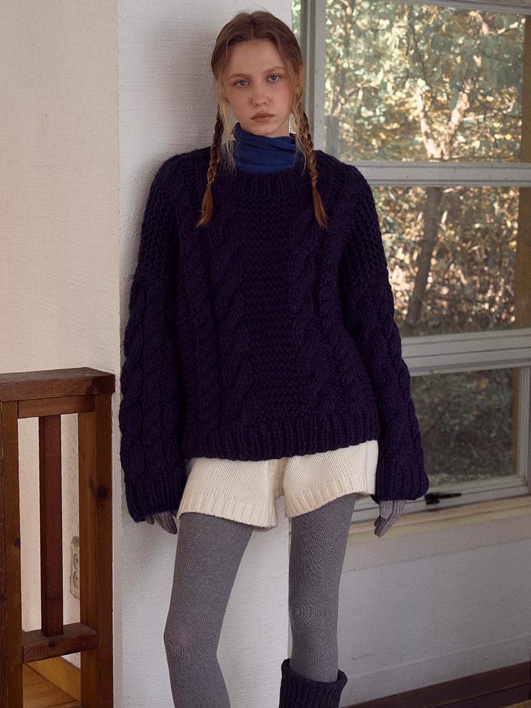 TINKNIT Hand-Knit Chunky Cable Sweater_Navy