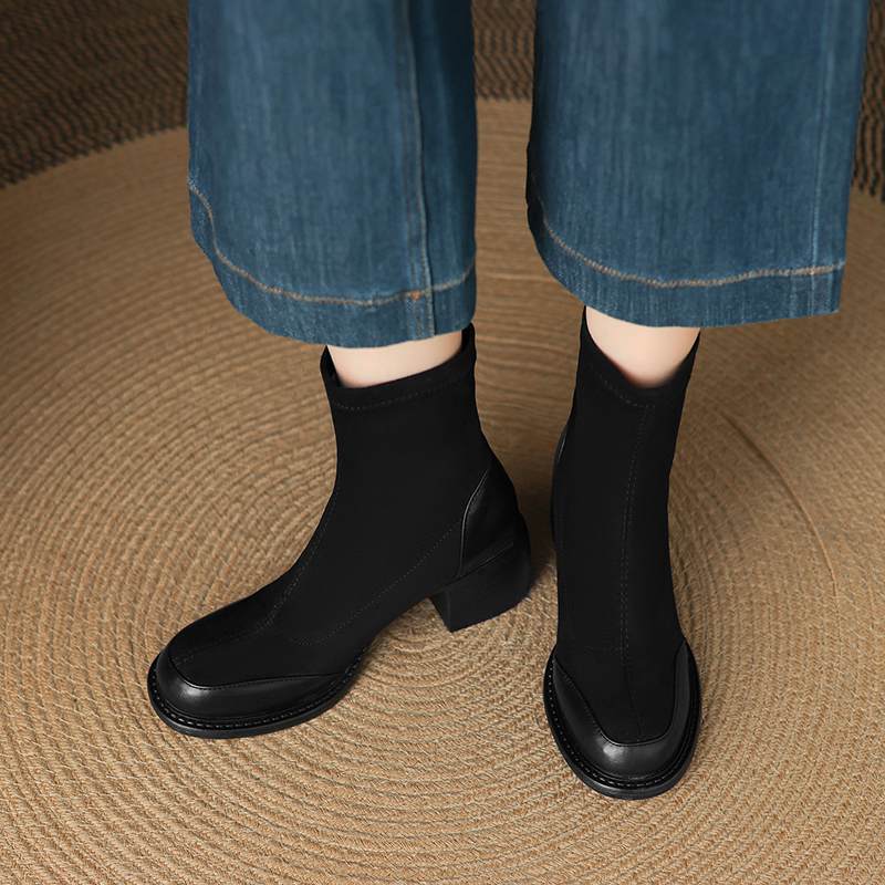 Krazing Po Microfiber Winter Round Toe Size 33 Chelsea Boots Size 43 Zipper Thick High Heels Patch Work Ankle Boots