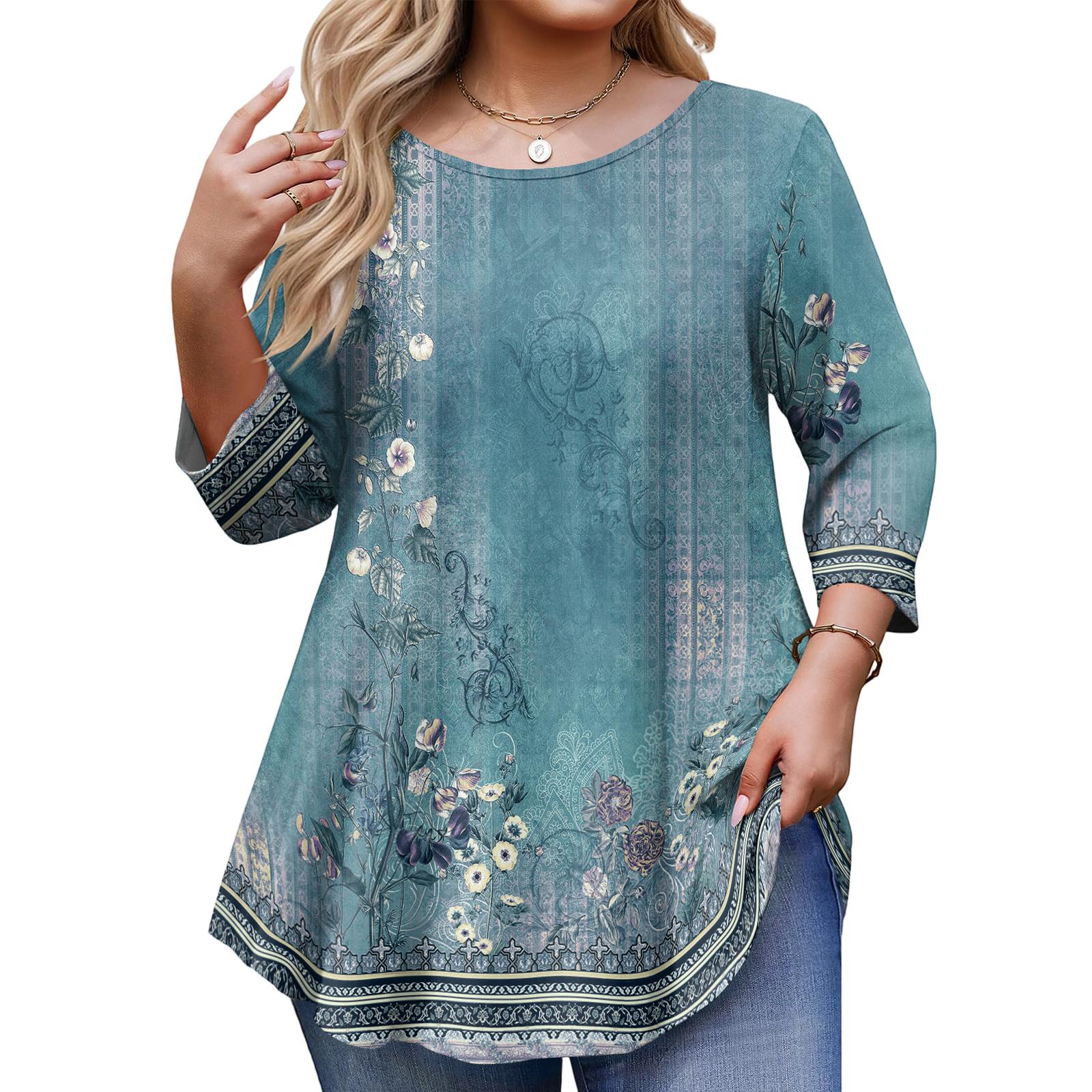 

Women s Plus Size 3/4 Sleeve Curved Hem Round Neck Fashionable Top XXXXL