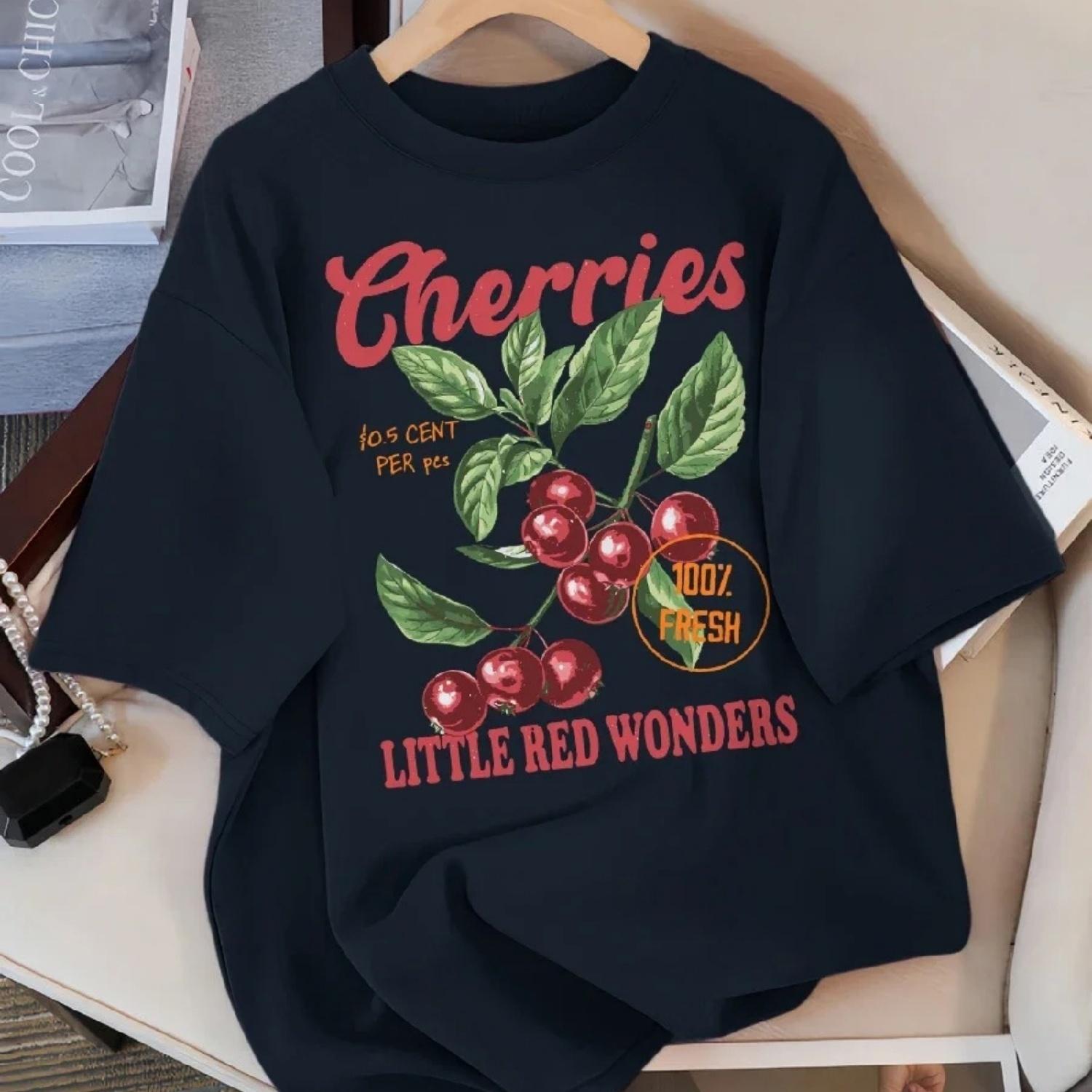 

Cherries Fresh Little Red Wonders Design Women T-Shirt Casual T Shirts Hip Hop Female Sportswear Summer Soft Top XXXXXL різнокольоровий