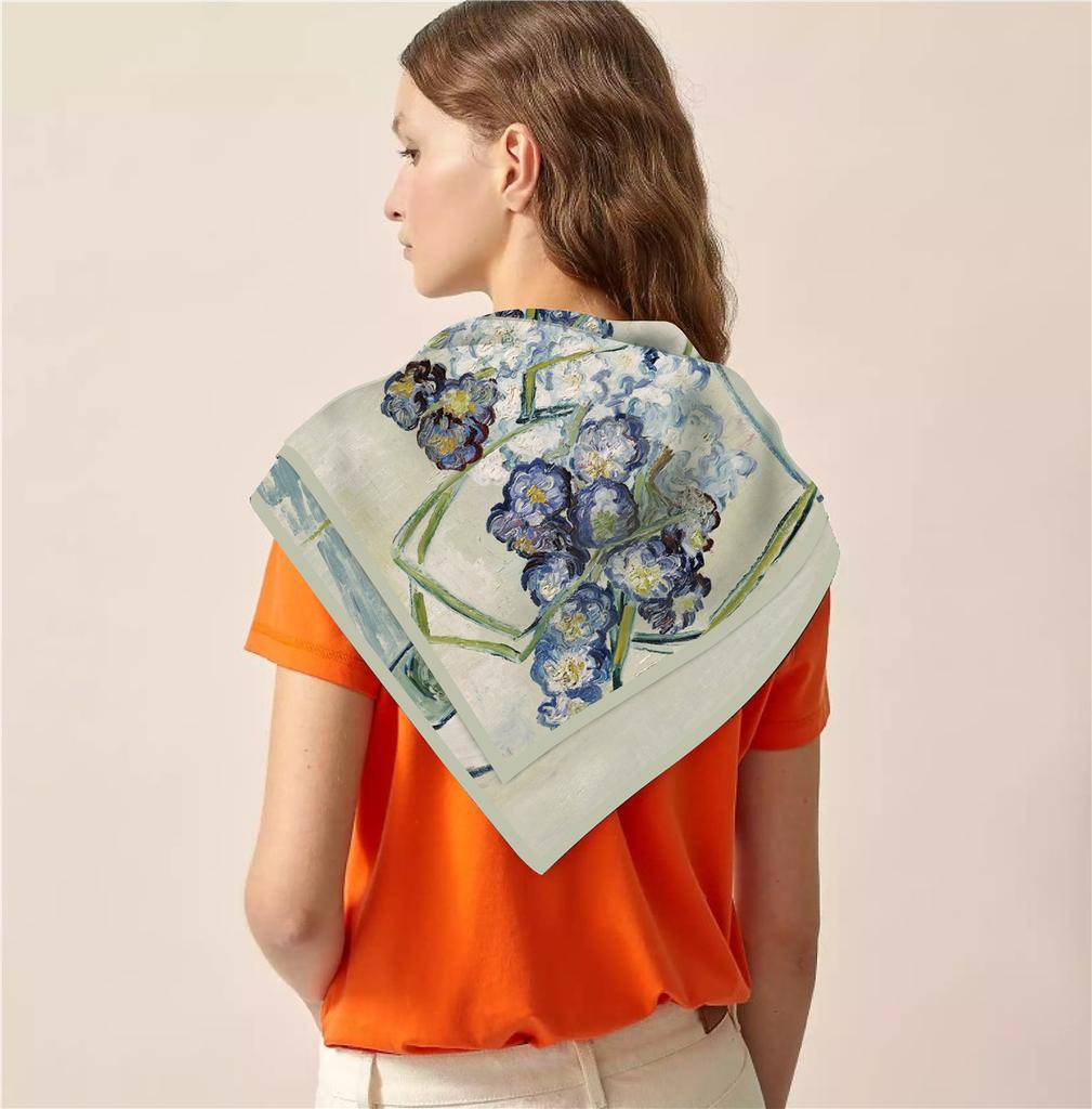 Silk Scarf Women Iris Print Square Scarves Head Echarpes Silk Foulards Femme Wraps Beach Shawls Bandana Lady Hijabs 90CM