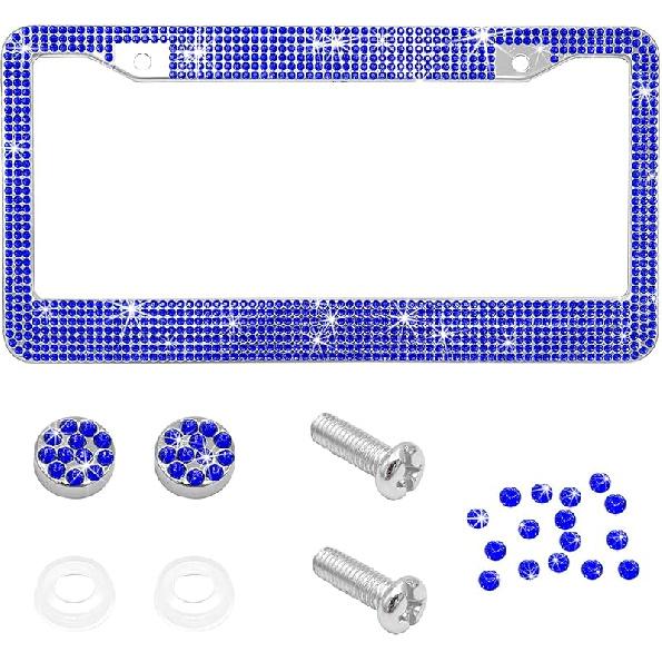 Bling Car License Plate Frame, Handcrafted Rhinestone License Plate Frame With Glitter Screw Caps, Sparkly Bedazzled Diamond Stainless Steel License