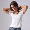 Summer women's clothing knitted short slim-fitting short-sleeved top European and American simple lace neckline elegant breathable elastic T-shirt
