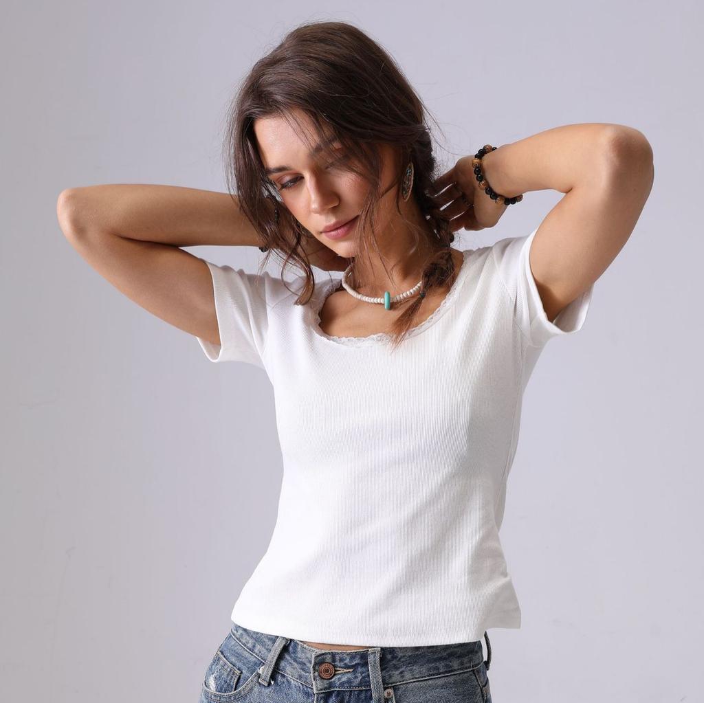 Summer women's clothing knitted short slim-fitting short-sleeved top European and American simple lace neckline elegant breathable elastic T-shirt
