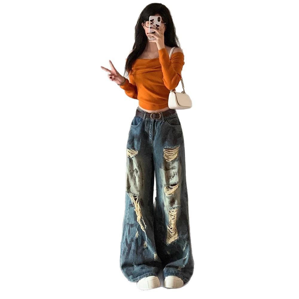 Unisex Korean Retro Wide-Leg Ripped Jeans for Kids - 2025 Autumn Collection