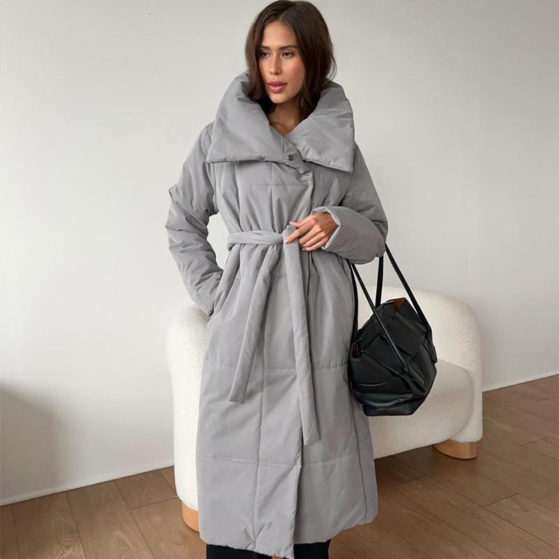 Winter Oversized Warm Long Cotton Padded Coats Women Loose Belt Quilted Parkas Jackets Thicken  Lace Up Single Breasted Overcoat