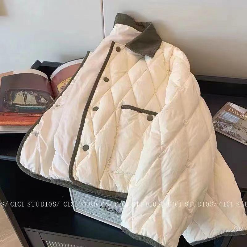 2023 Korean Color Block Diamond Pattern Short Cotton Padded Winter Jacket with Turn-Down Collar