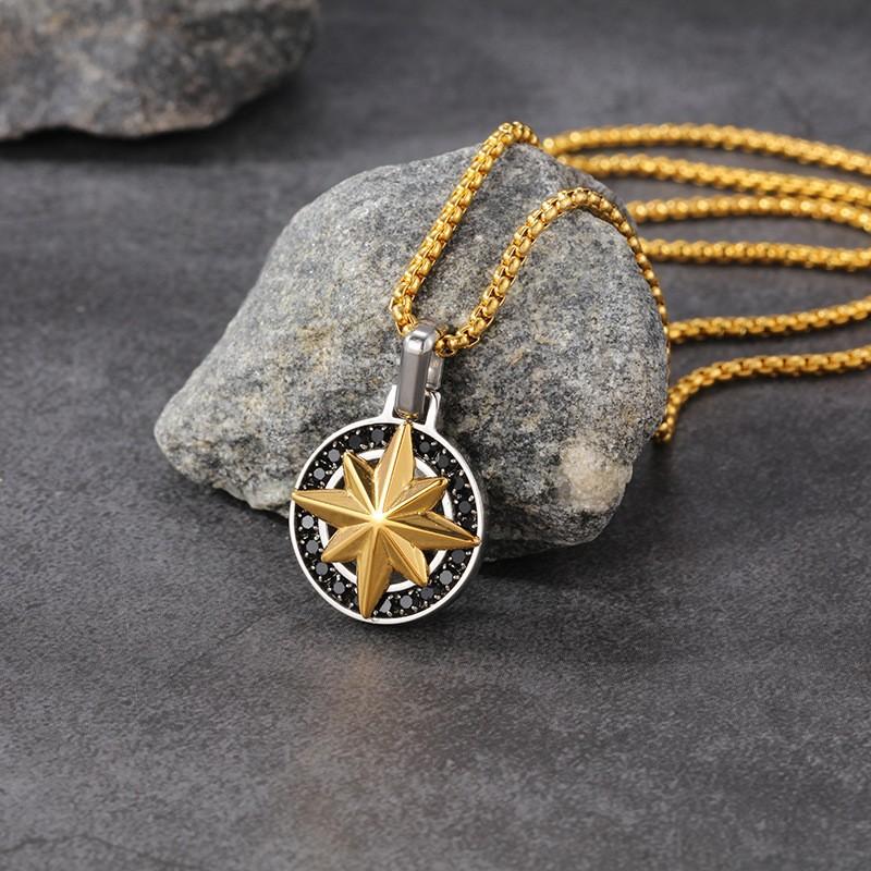 Men s Octagram with Diamond Necklace Hip Hop Pendant Stainless Steel Jewelry Men s Necklace Titanium Steel 60cm