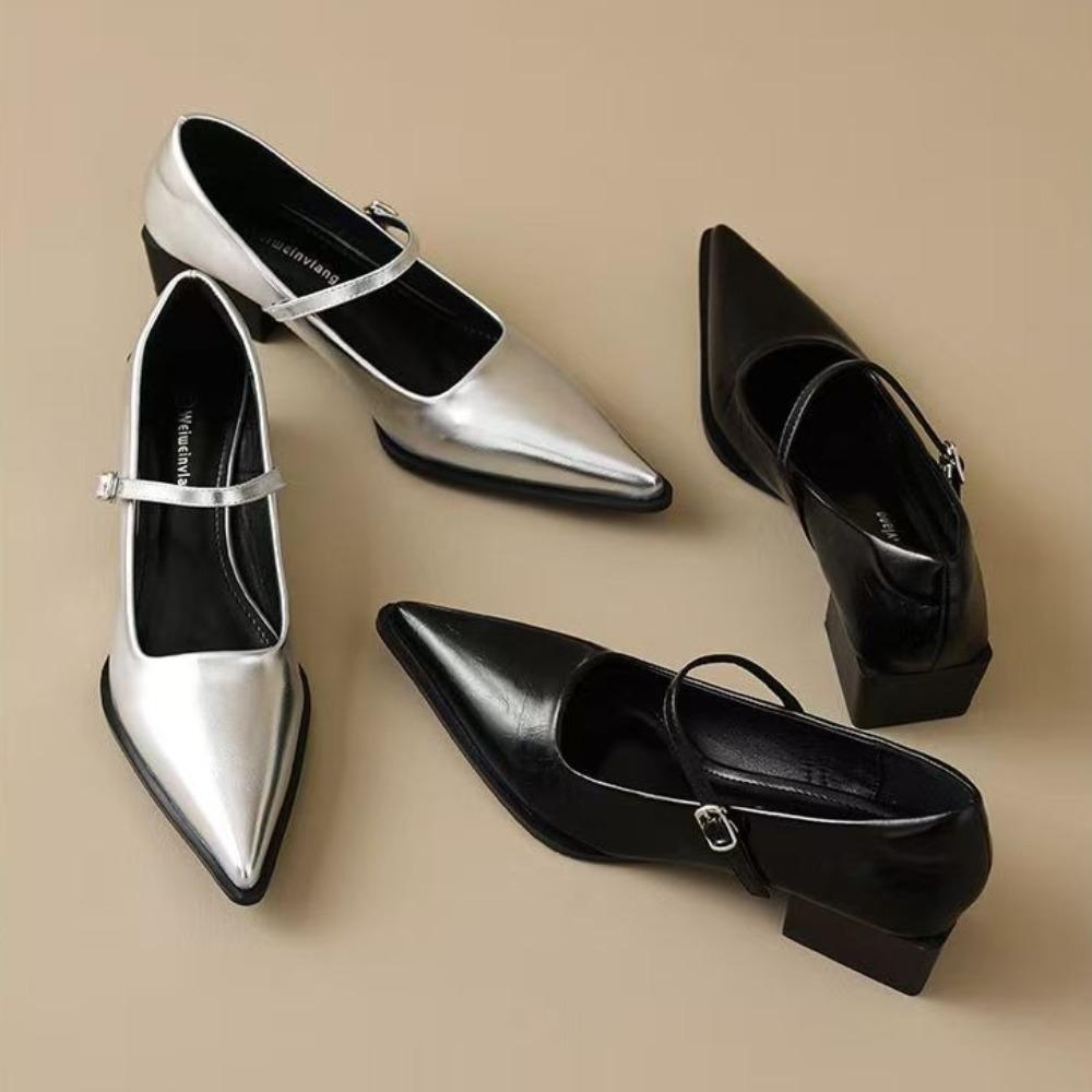 Fashion Pointed Retro Mary Jane Shoes Woman Soft Leather Word with Light Mouth Thick Heel Single Shoes Women's High Heel Women's Shoes