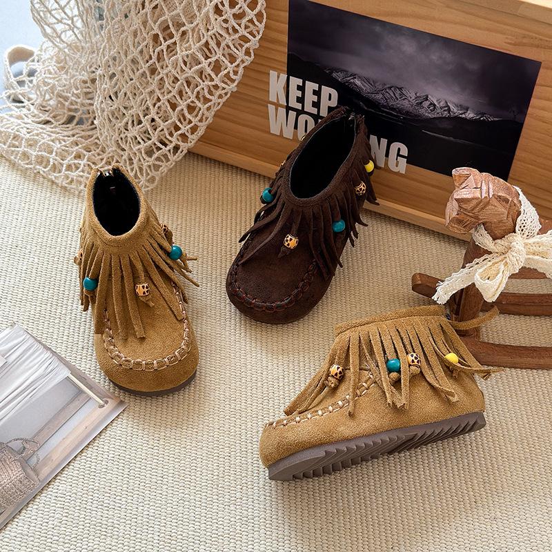 Vintage Velvet Princess Short Boots for Student Bohemia Style Hanging Beads Winter Suede Shoes Fringe Girl's Boots Tassel I09201