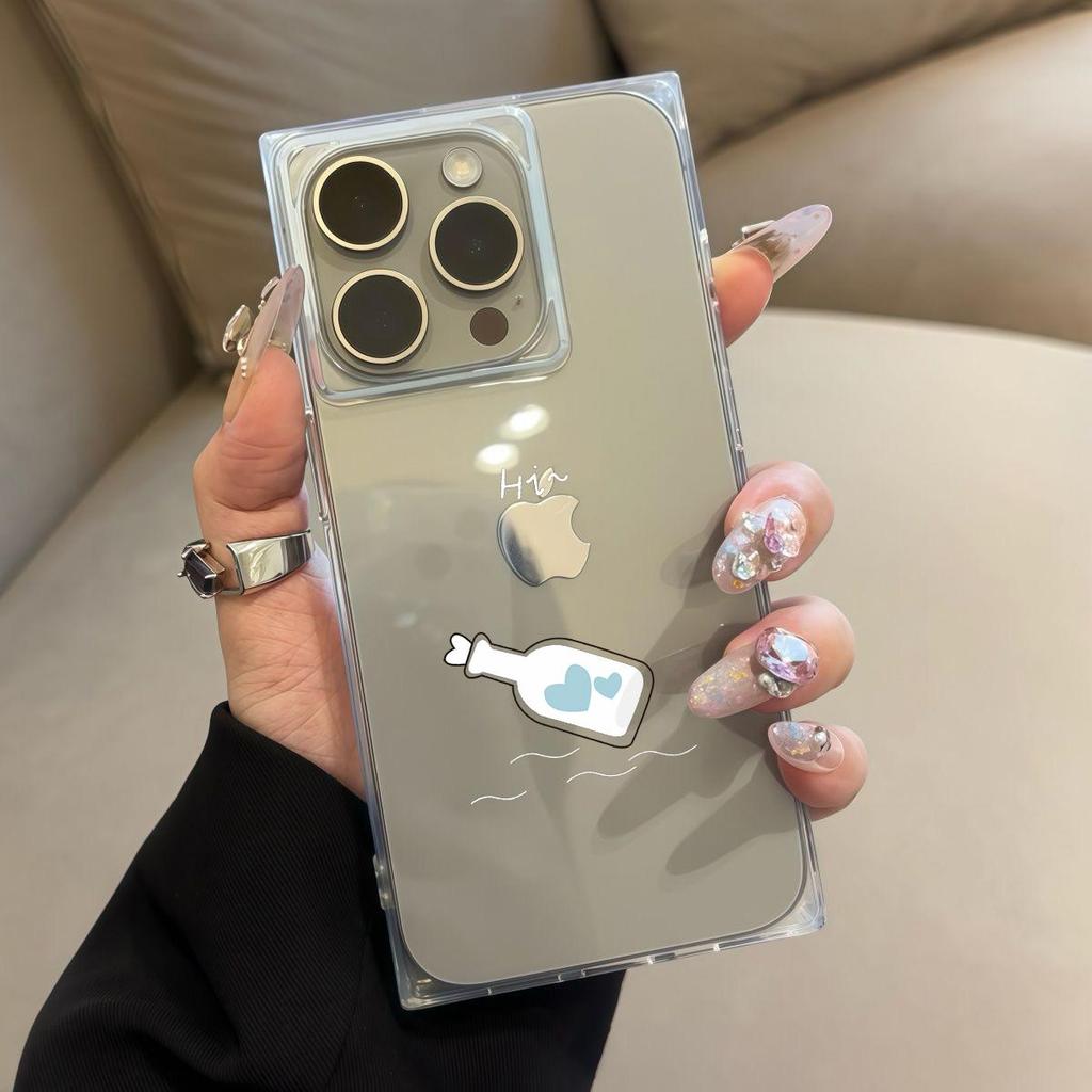 Clear Square Back Tube Case Protection For iPhone 14 Pro Max 16 ProMax 13 12 15 Plus 11 Heart Bottle Pattern