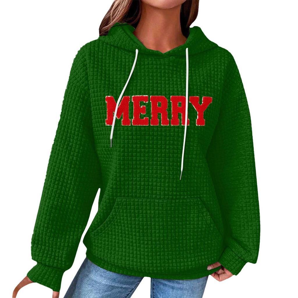 Women's Fashion Loose Hooded Pullover Long Sleeve Plaid Sweatshirt With Drawstring, Drop Shoulder, Pocket, Christmas Print Top