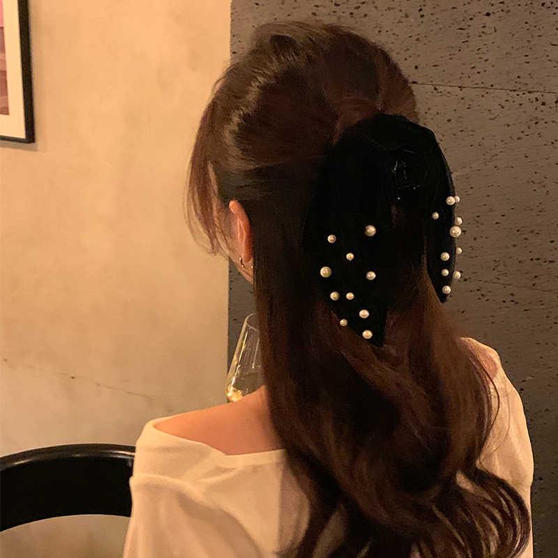 Velvet Pearl Bow Hair Clip for Women - Korean New Year Style Ponytail & Duckbill Hair Accessory