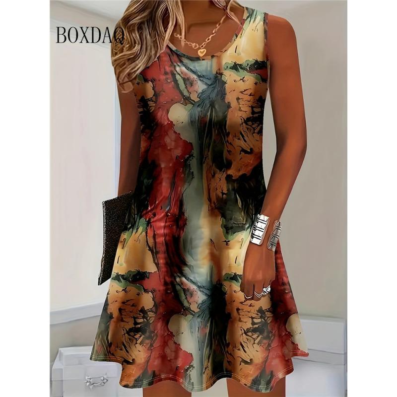 Women Summer Sleeveless Bohemian Dress Fashion Imitate Cowboy Vest Flowers Print Dress Casual Tank Beach Dresses