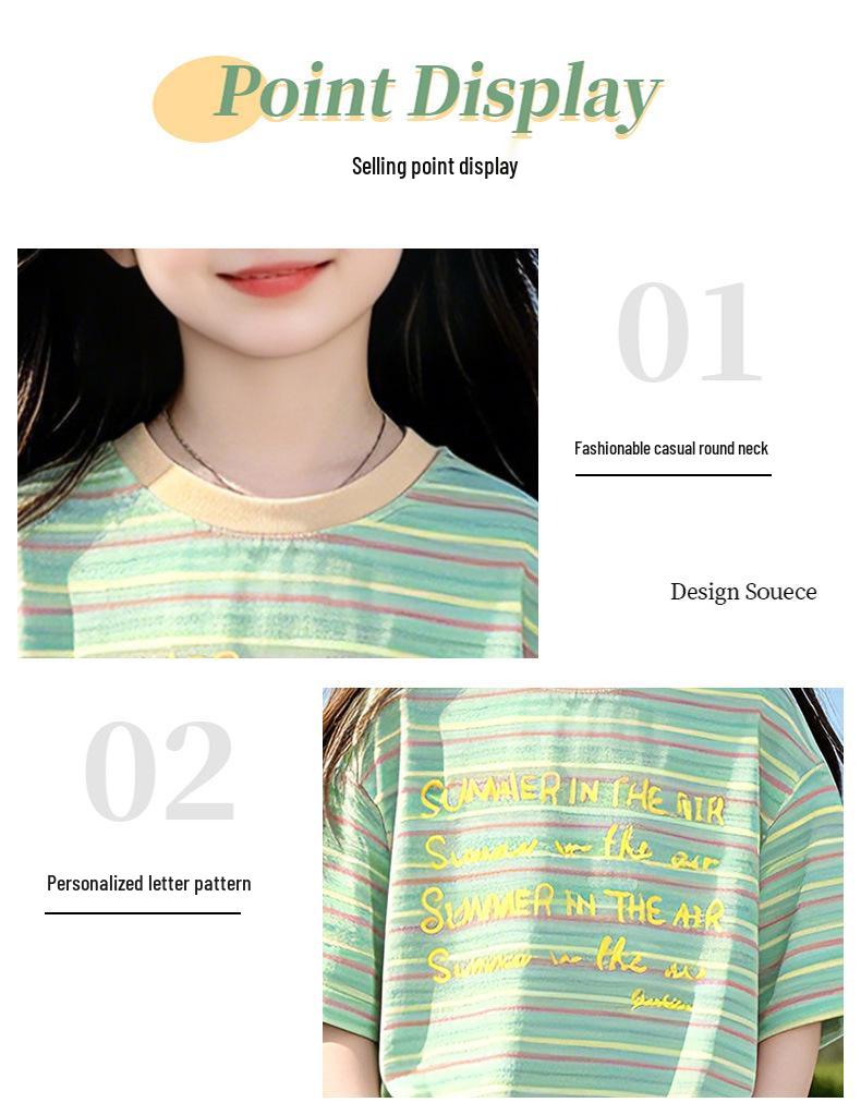 2026 Summer Striped Letter T-Shirt & Color Block Jean Shorts Set for Girls