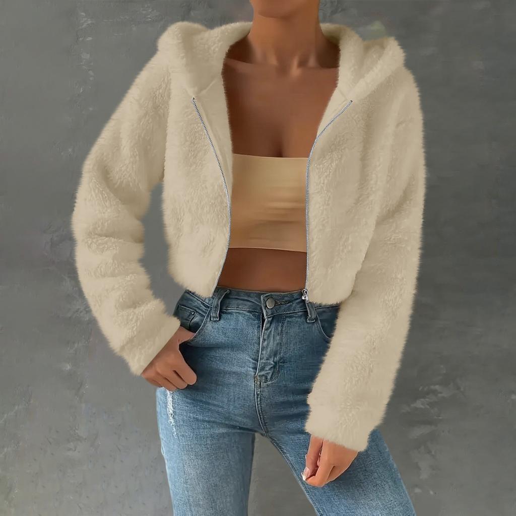 Women's Fashionable Casual Thick Fleece Top Short-Length Long-Sleeved Hooded Jacket