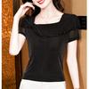 New Summer Korean Women Shiny Beading T-Shirt Clothes Chic Sexy Square Neck Ruffles Tops Short Sleeve All Match Tees Blouse