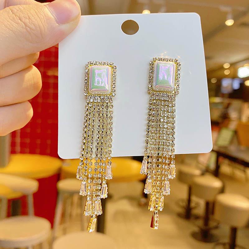 S925 Silver Needle Rhinestone Tassel Earrings - Exquisite Long Claw Chain with Colored Diamonds, European & American Style