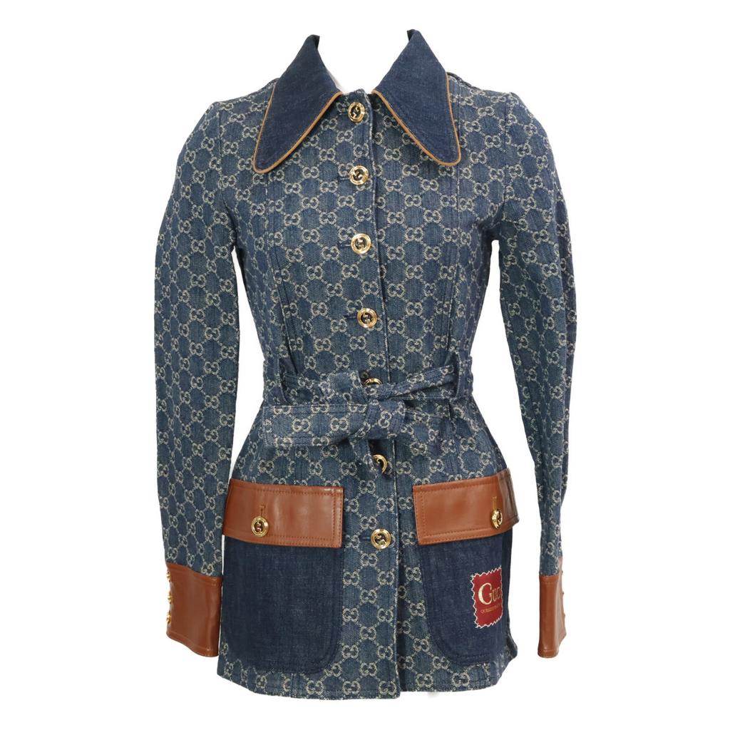 Gucci Domestic Regular 652658 GG Denim Leather Switch Square Patch Belted Jacket 34 IndigoUsed
