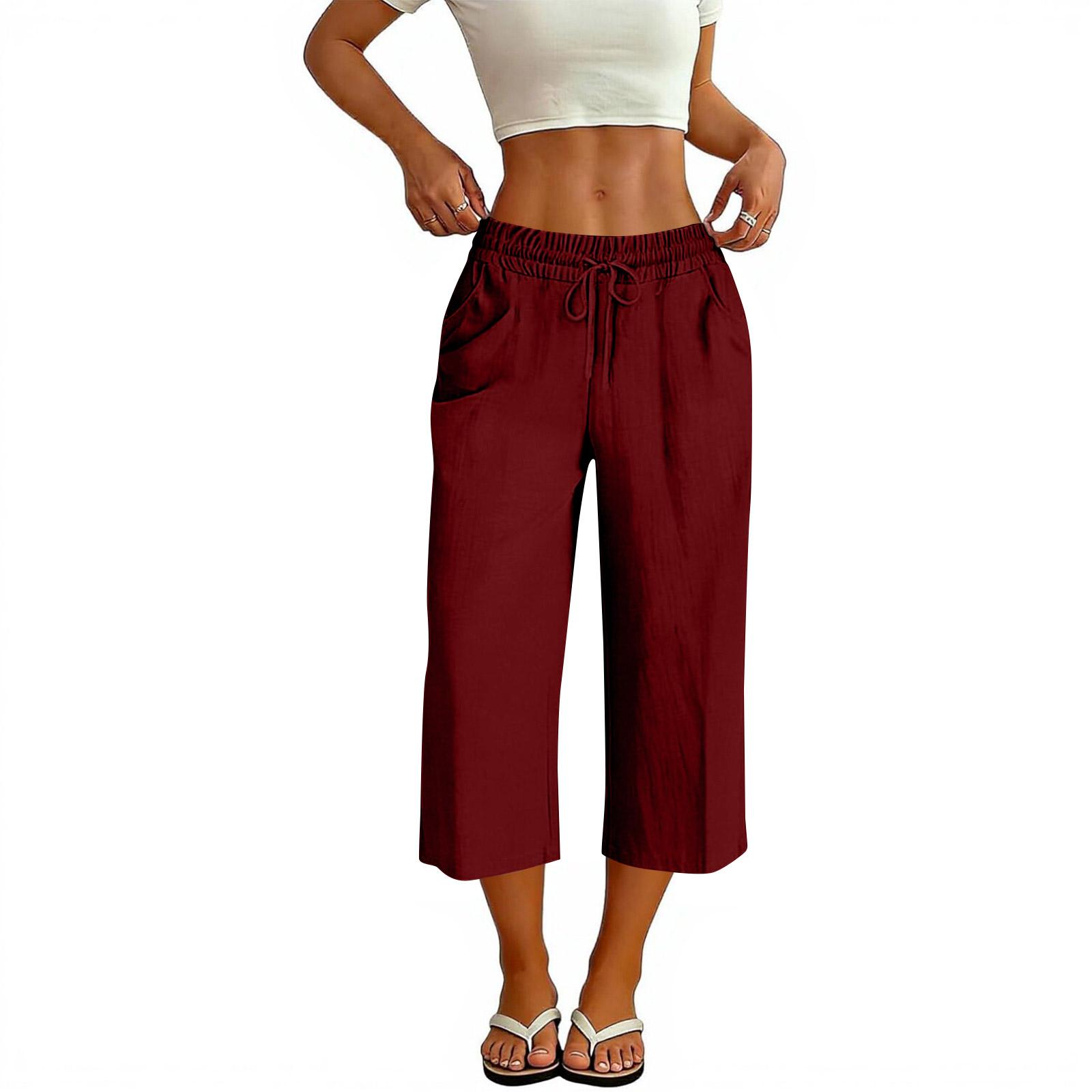 

Women’s Casual Wide Leg Cropped Pants Cotton Linen Drawstring Waist Loose Fit Seven Tenth Length with Side Pockets XL красный