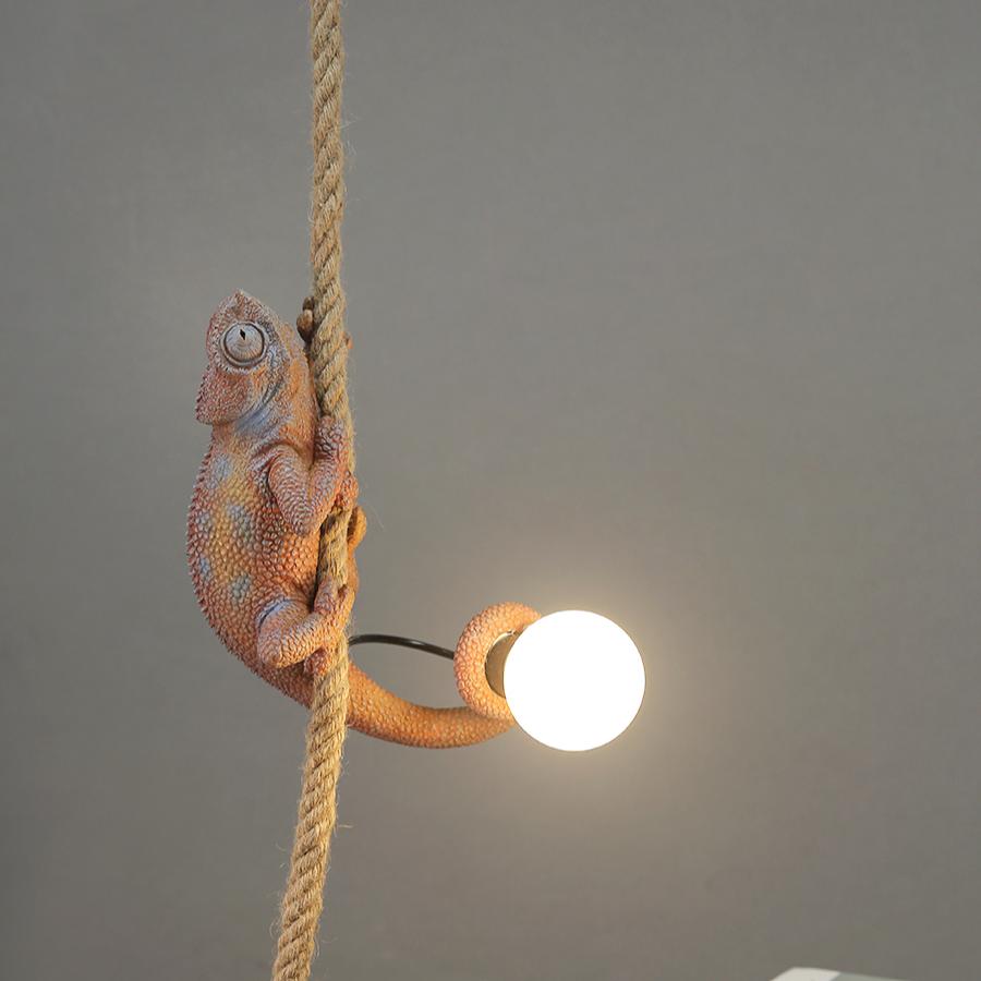 Resin White color chameleon Pendant Light For Living Room Hemp Rope Pendant Lamp Art Study Room Led lizard Animal Light Fixtures