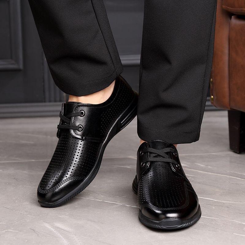 Men's shoes summer hollow breathable casual shoes soft leather British male dad inner height increase cool leather shoes hole shoes