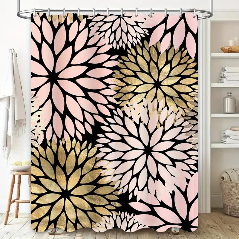 Rideau de douche floral doré Décor de salle de bain Motif de fleurs rose noir blanc Ensemble de tapis de bain imperméable Décoration de maison