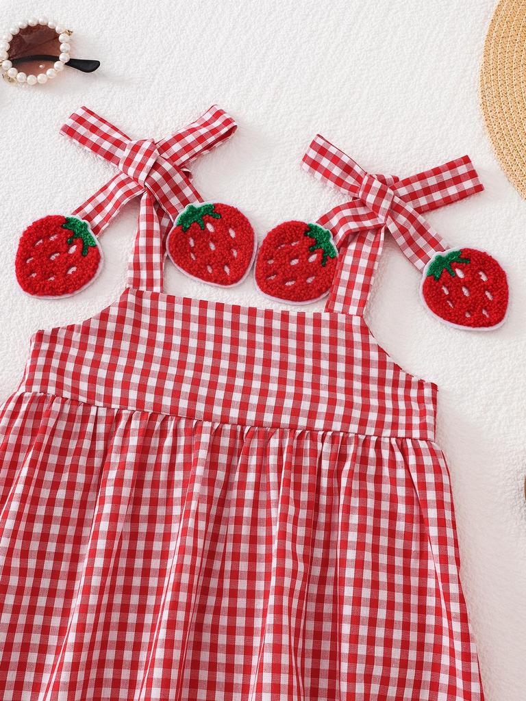 Red Plaid Strawberry Suspender Vest & Ruffle Shorts Set for Baby & Toddler Girls