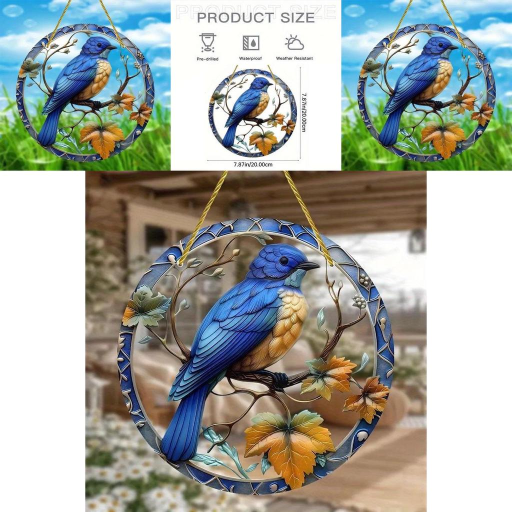 Simulated Blue Bird Branch Pattern Circular Acrylic Pendant For Garden Outdoor Decor