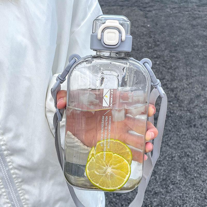 Square Flat Transparent Portable Water Bottle with adjustable strap lightweight for hiking school travel office