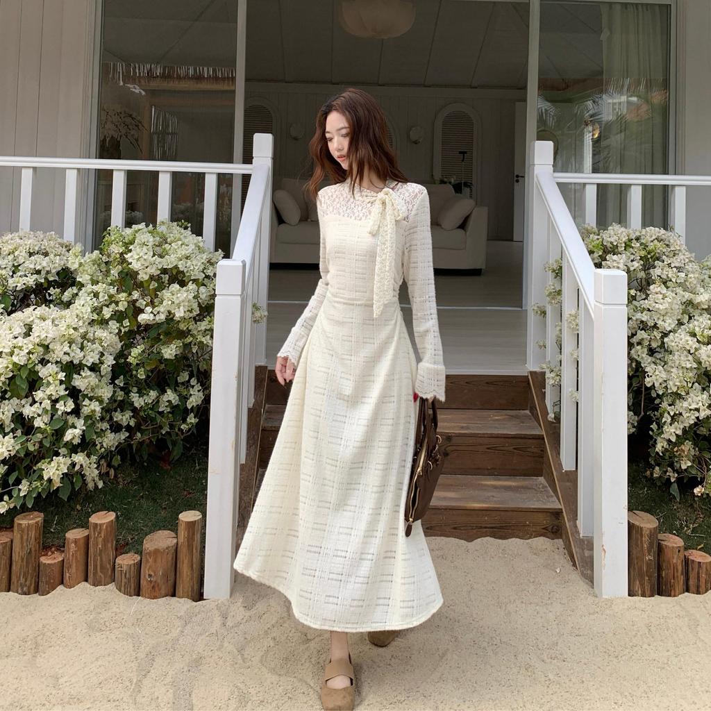 Women's High Neck Lace Crochet Dress with Bow Tie Waist, Long Sleeve, New 2026 Style